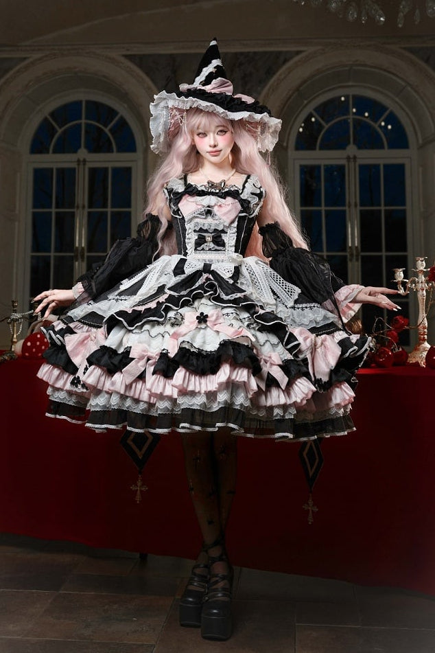 [Date limite de précommande : 14 septembre] Ensemble complet Gothic Black Pink Witch : robe JSK à croix + grande traîne à nœud + cape à capuche + manches amovibles + chapeau de sorcière + manches extérieures
