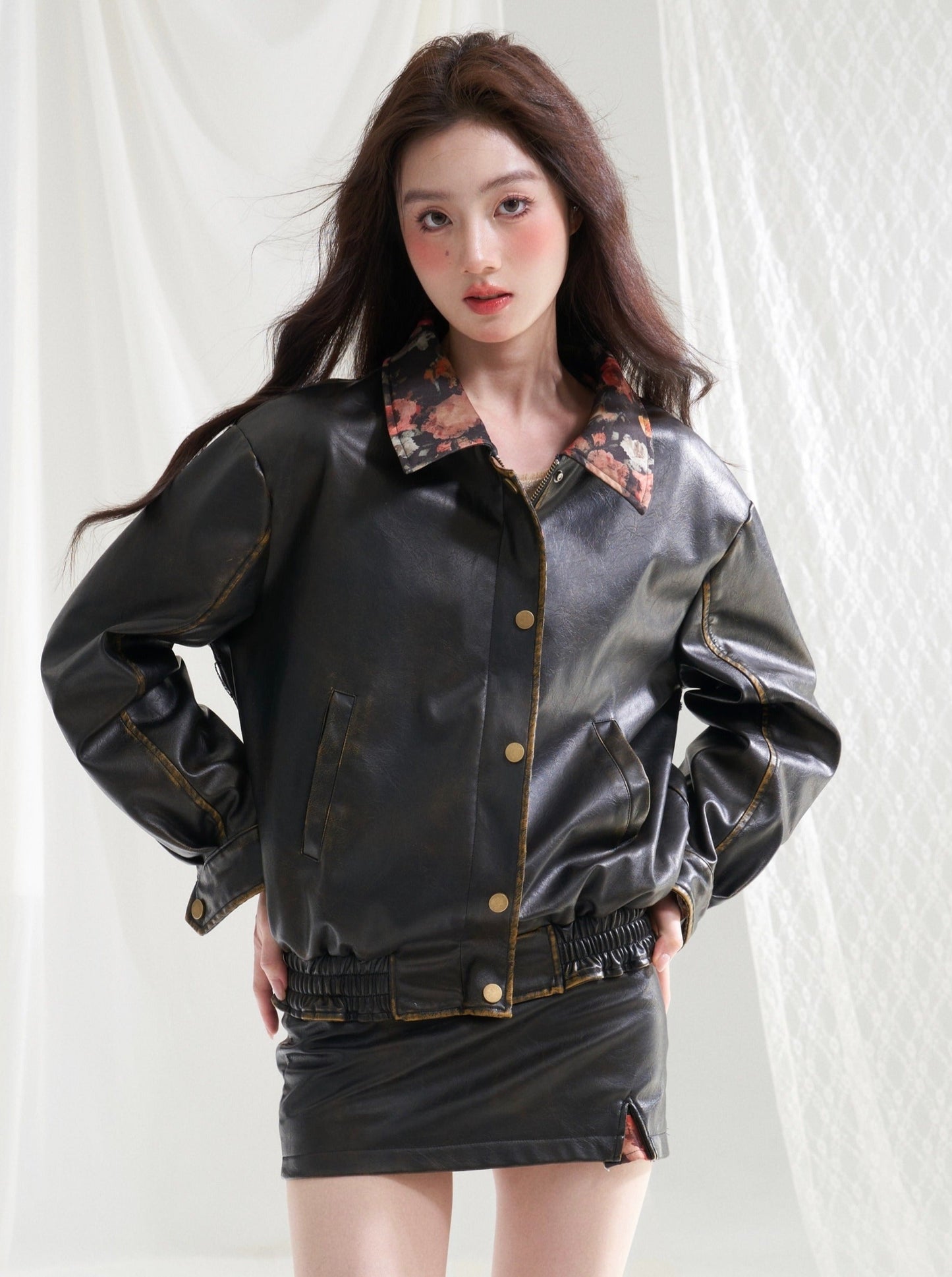 Retro Reversible Flower Damaged Leather Jacket + Leather Slit Skirt