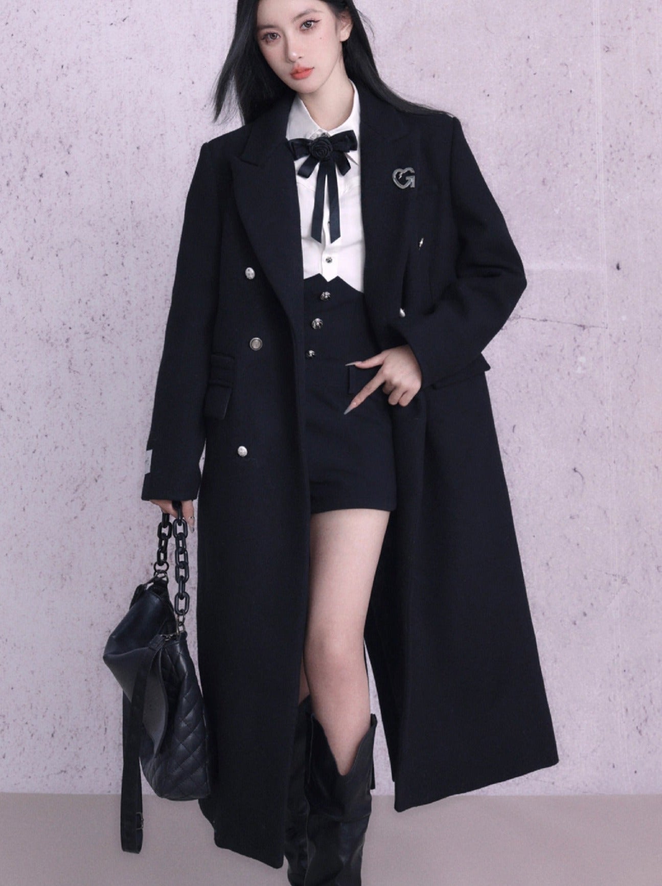 Korean college style wool double breasted long coat