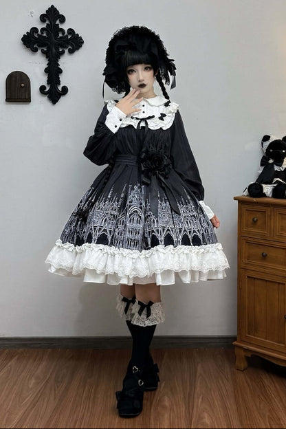 【10月13日予約締切】Gothic Doll Black White Cathedral Print Lace Trim Lolita Op Dress+ Full Dress Set (Flat Hat, Sash, Castle Flower Brooch)
