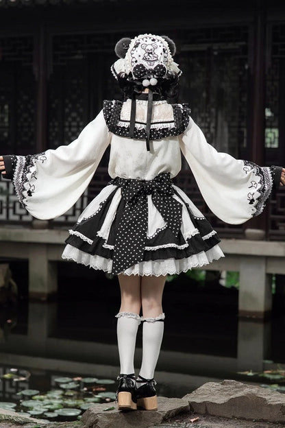 [Pre-order Deadline: October 25] Pink/White/Green Chinoiserie Lolita Sweet Panda Polka Dot Lace Apron Ruffle OP Dress