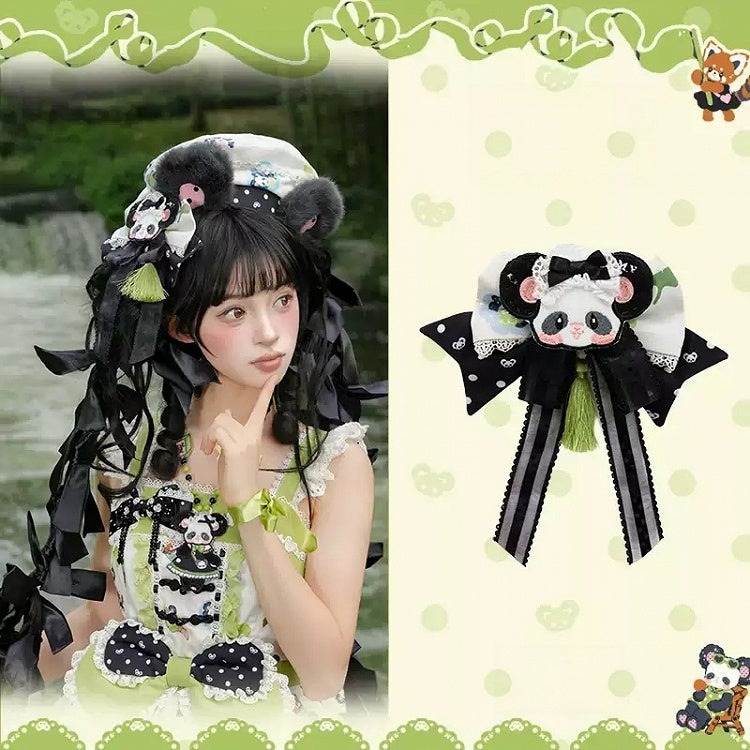 [Reservierungsschluss am 1025] Pink/Grüne Chinoiserie-Lolita-Sweet-Panda-Serie Accessoires (Teetassen-inspirierter Minihut, Pandaohren-Haube, Pandaohren-KC, Pandaohren-Barett, Haarclip, Halskette, Handtasche, Quastenbrosche, Socken)