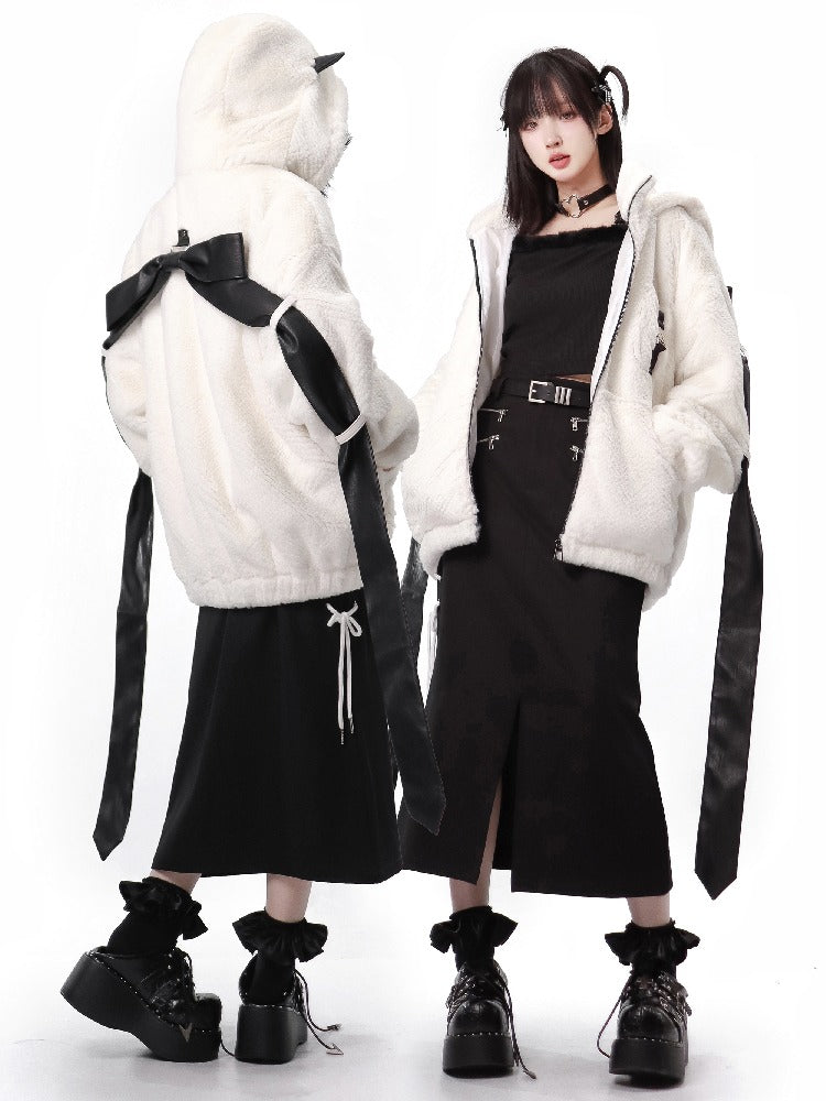 Fast Snow Original Back Ribbon Hoodie Fur Coat Top Skirt