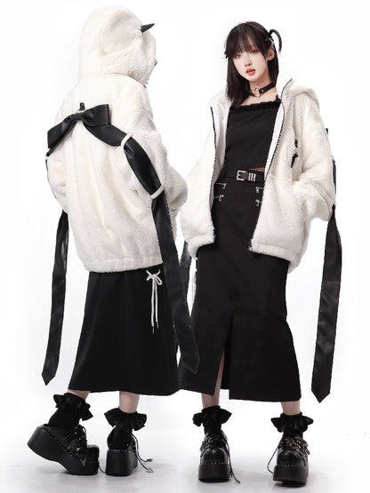 Fast Snow Original Back Ribbon Hoodie Fur Coat Top Skirt