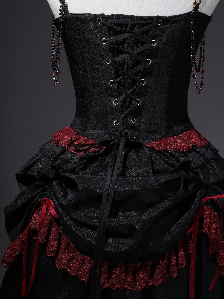 [Pre-order] Red and Black Dark Gothic Lolita Ruffle Slit Long Skirt + Pull-Up Overskirt