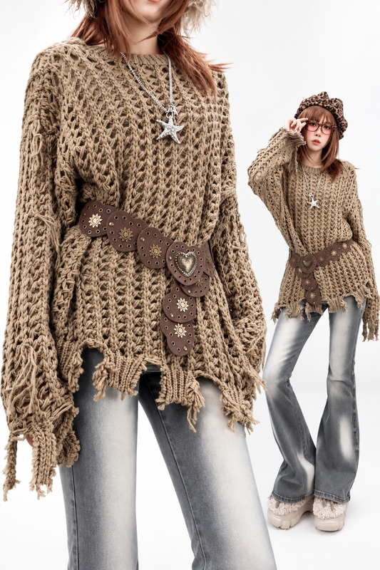 Distressed Chunky Knit Sweater With Belt