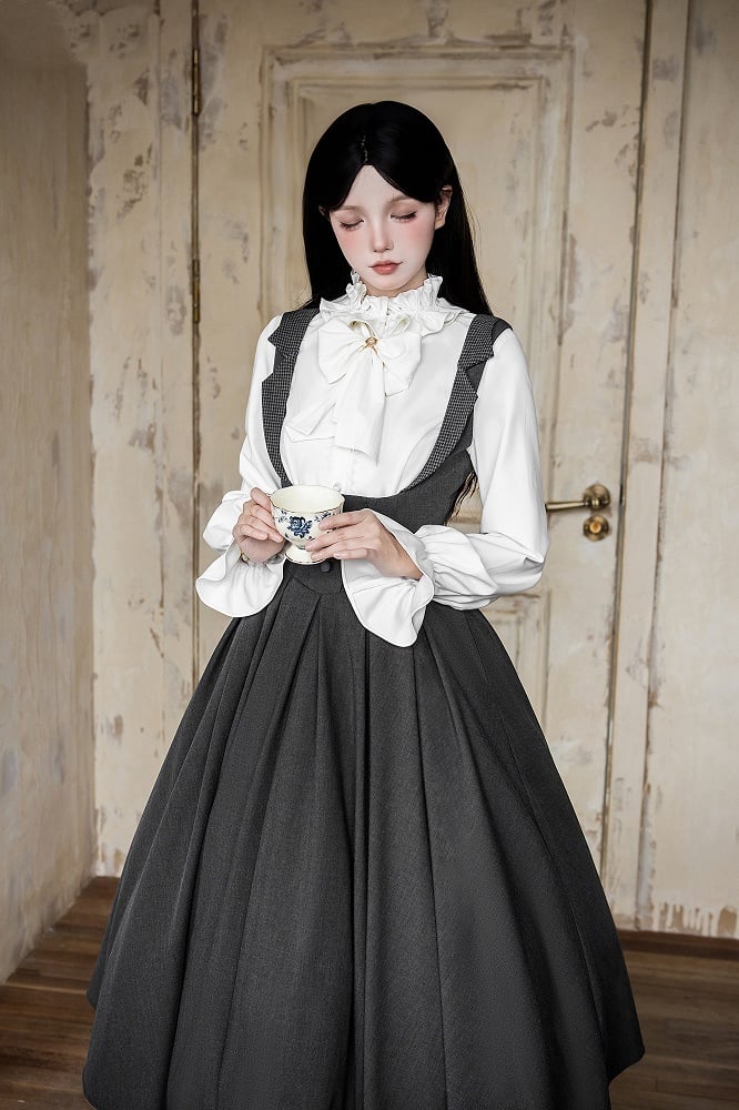 【4月14日予約締切】ダークグレークラシックラペルショルダーロリータコルセットドレス（ショート・ロングA/B）
