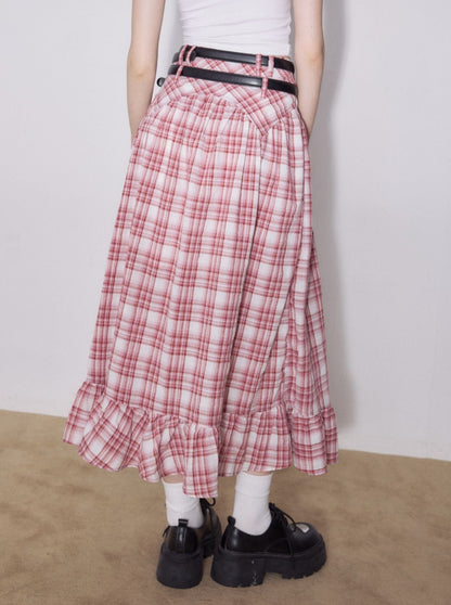 American Retro High Waist Flared Check Skirt