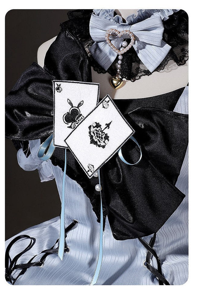 [Reservierungsschluss 10. Juli] Blau-schwarzes Alice-Gothic-Lolita-Komplettset mit Hasenohren-Haarreif und Kleid