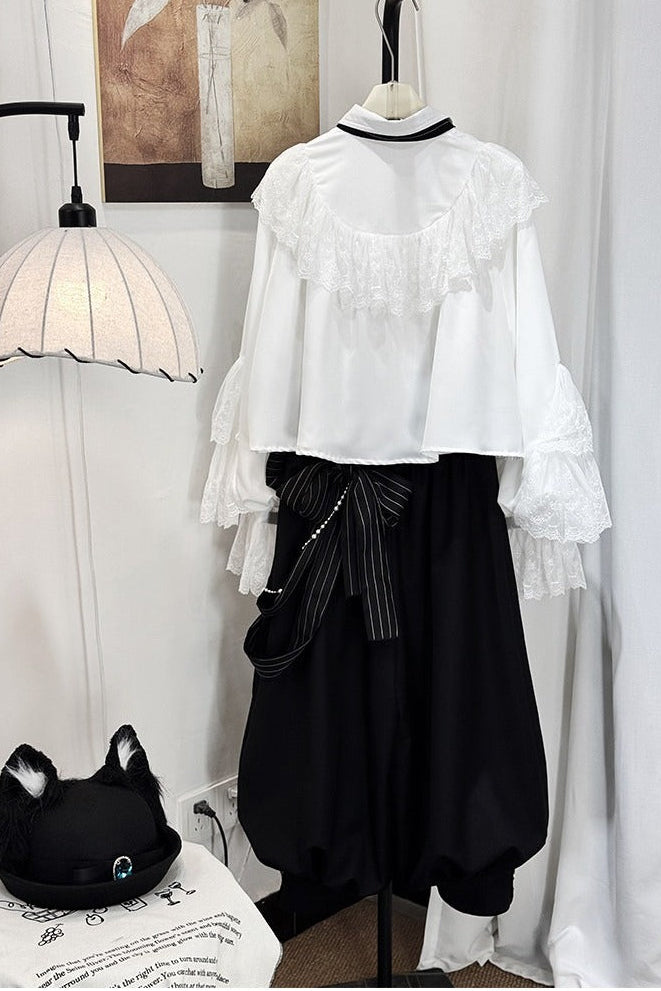 [Pre-order Deadline: September 28] Prince Lolita White Lace Ruffle Shirt + Long Balloon Pants (with Black Stripe Bow Tie + Waist Ribbon Accessory)