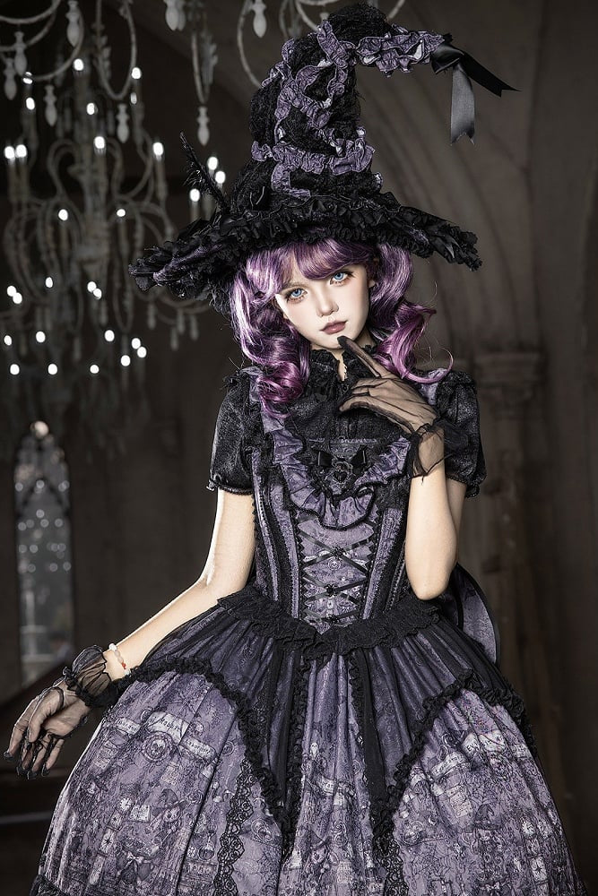 【10月30日予約締切】Purple And Black Gothic Lolita Dress Complete Set [Bunny Ear Hat Version/Witch Hat Version] (Witch Print Bustier Dress + Black Short-Sleeved Blouse + Bat Wing Back Train + Detachable Princess Sleeves)