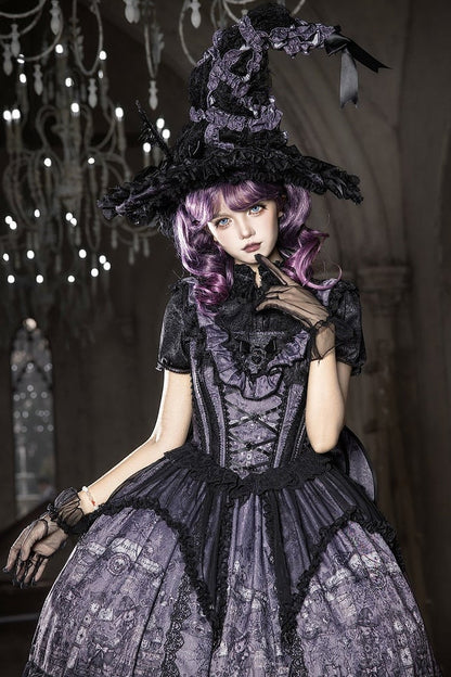 【10月30日予約締切】Purple And Black Gothic Lolita Dress Complete Set [Bunny Ear Hat Version/Witch Hat Version] (Witch Print Bustier Dress + Black Short-Sleeved Blouse + Bat Wing Back Train + Detachable Princess Sleeves)