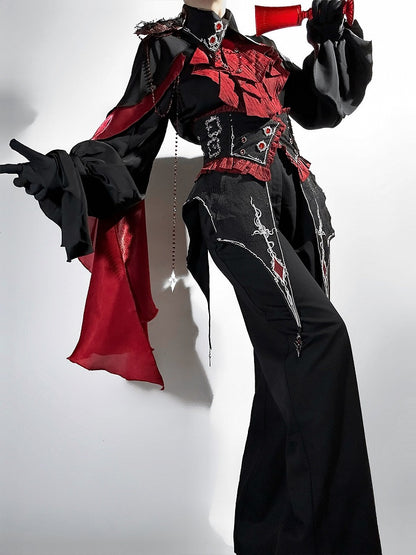 【10月8日予約締切】Ouji Fashion Black Red Gothic Ruffle Prince Lolita Full Set(Jewel Chain Ruffle Jabot Shirt + Rose Accessory Gothic Embroidered Corset Belt + Black Wide-Leg Pants + Rose Beaded One-Shoulder Cape)