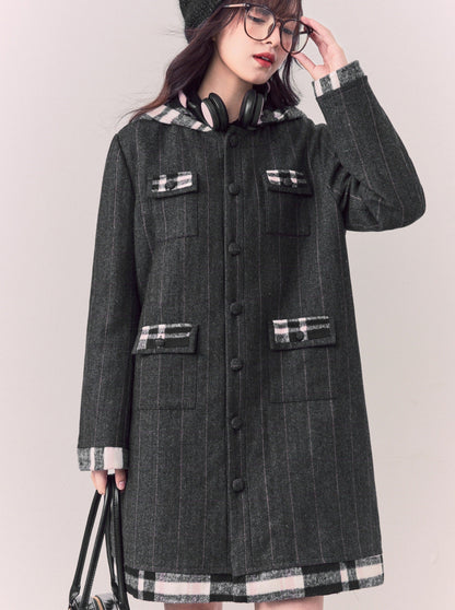 Check Hooded Wool Long Coat