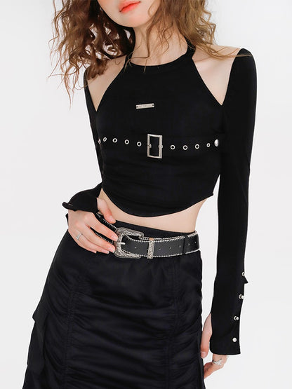 Spicy Hanging Neck Eyelet Belt Design Short Top