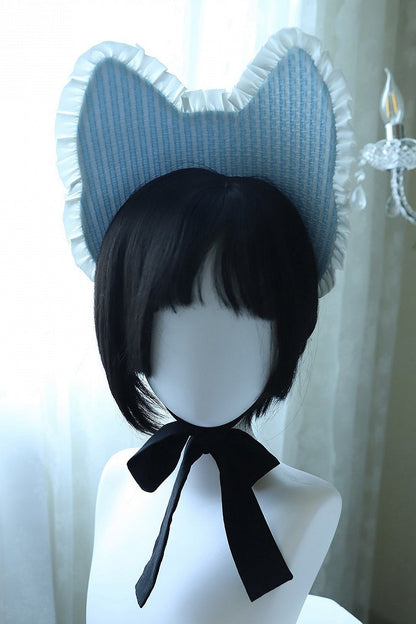 【8月18日予約締切】アリスブルーストライプ/ダークブルー×ブラックドット猫カフェテイストメイドロリータシリーズアクセサリー（猫耳ボンネット・グローブ・エプロン）