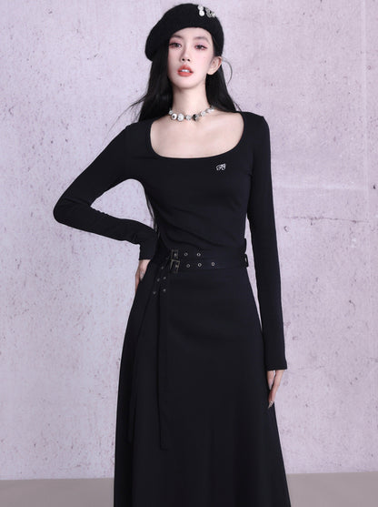 Slim Tight Belt Waist Long Dress