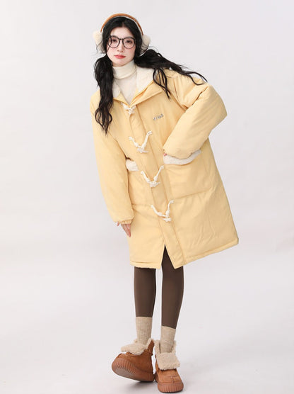 Horn Button Lamb Wool Splicing Hooded Cotton Coat