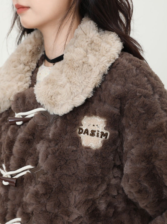 Horn Button Fluffy Fur Boa Coat