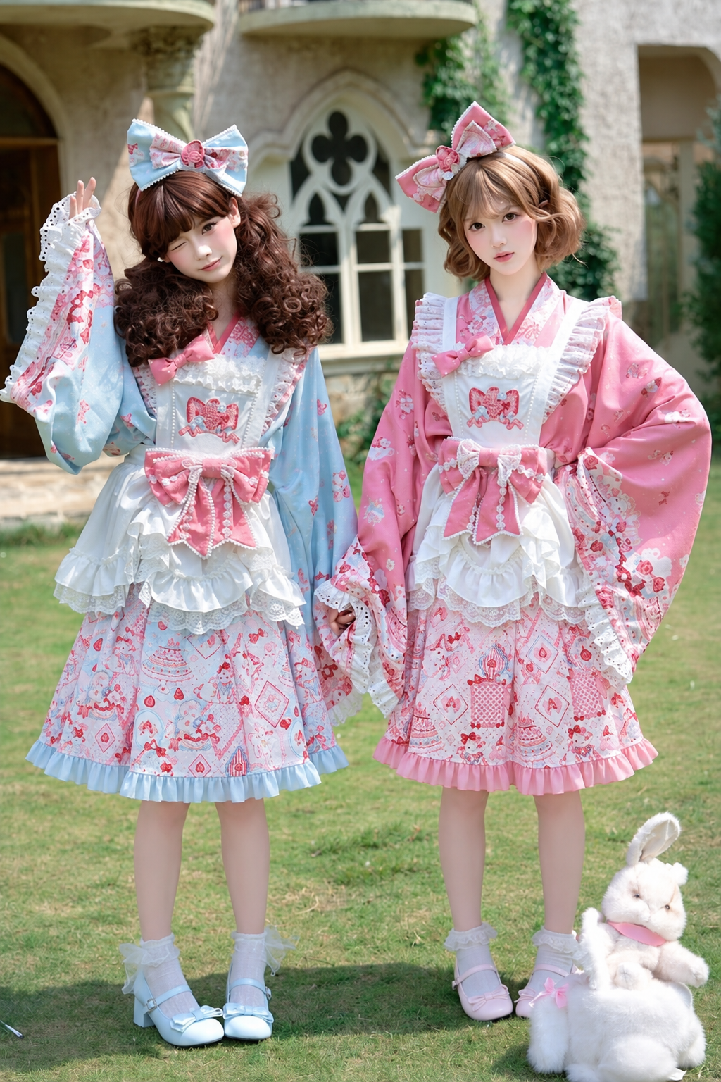 【10月21日予約締切】Pink/Blue Hanfu-inspired Little Lamb Tea Party Lace Wide Sleeve Blouse + Printed Ruffle Skirt + Pleated Mamian Skirt + Strawberry Embroidered Ribbon Lace Apron