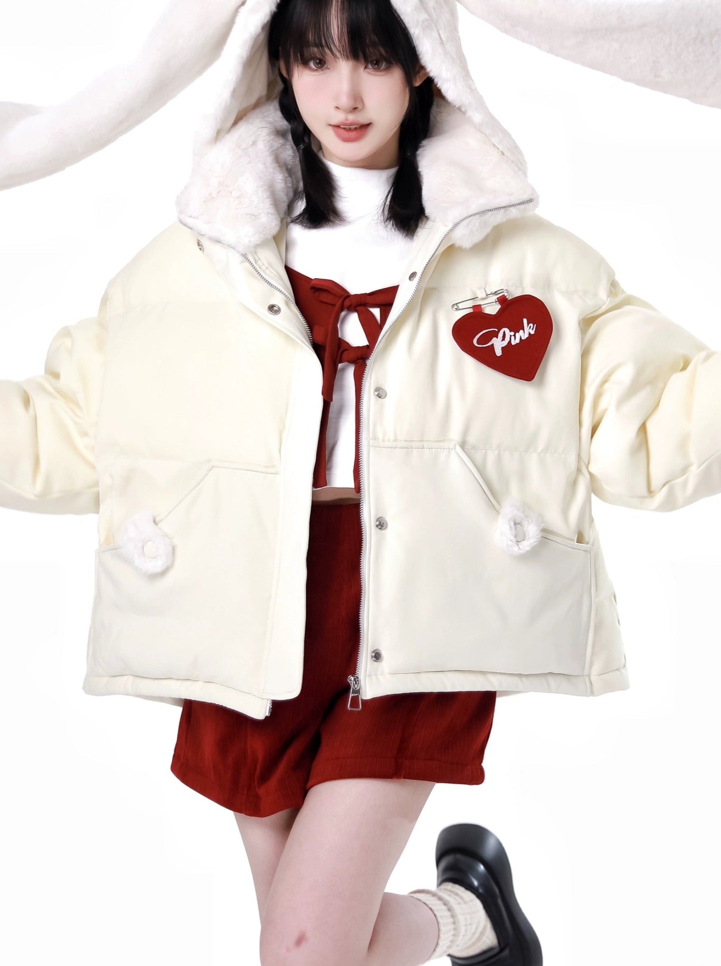 Sweet rabbit jacket + panda jacket + high neck top + shorts + flared skirt