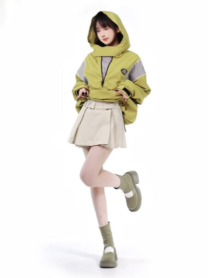 Lime Green American Workwear Jacket + Rabbit Top + Culottes + Short Vest + Middleskirt