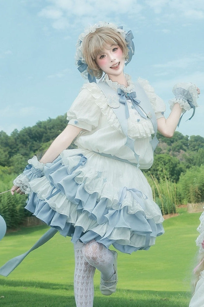 【8月29日予約締切】Blue x White/ Pink x White Doll Sweet Lolita Asymmetrical Ruffle Dress Full Set （with Pointed Collar + Bow Tie + Waist Belt）