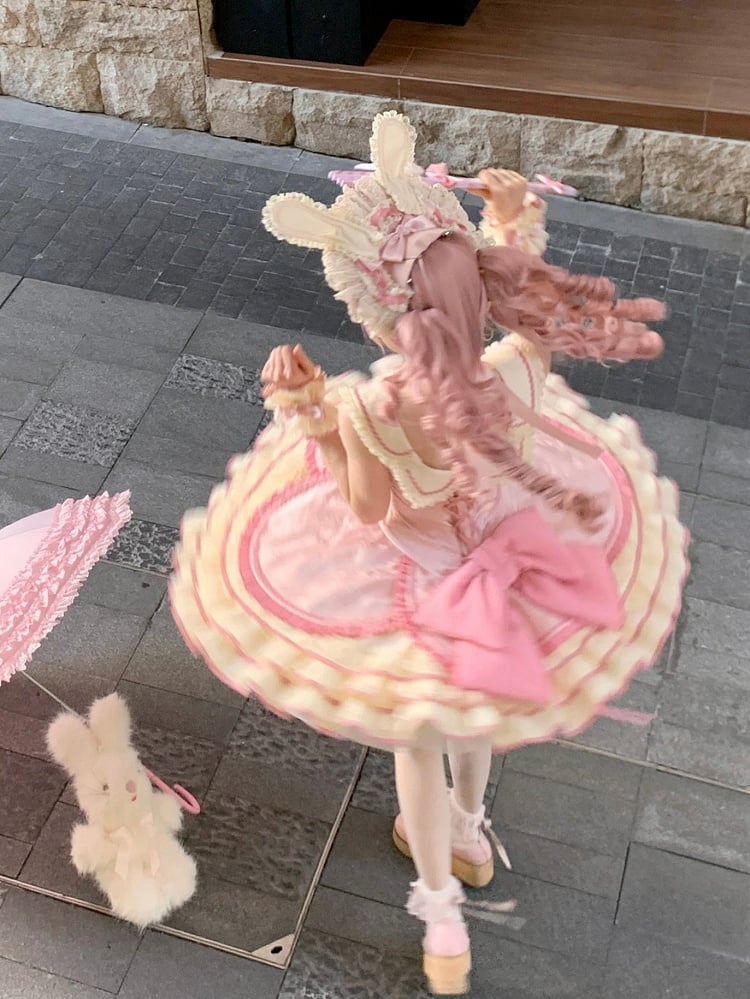 【12月17日予約締切】ピンクフローラルスイートロリータティアードドレス＋うさ耳ボンネット＋アクセサリー