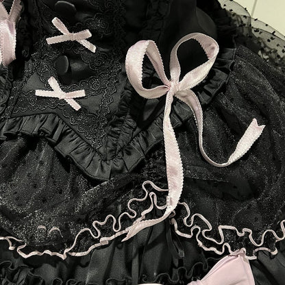 【5月12日予約締切】ブラックパープルロリータアイドルリボンパフスリーブシャツ＋コルセットチュールプルアップJKSドレスセットアップ