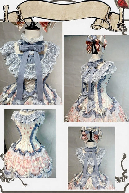 [Date limite de précommande 9/28] Ensemble robe + KC à imprimé floral Alice lolita classique, gris argenté x rouge / rose x bleu, à volants et rubans