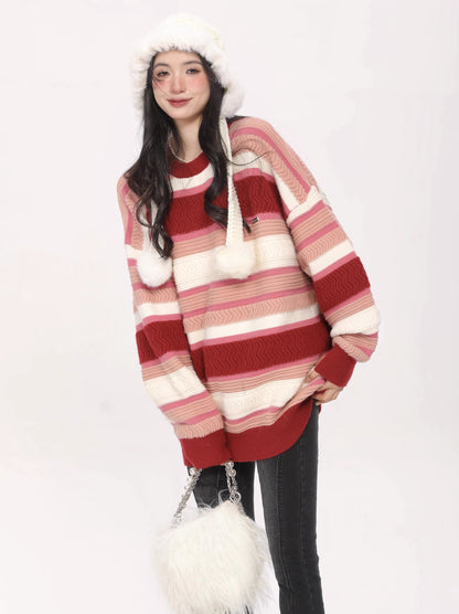 Loose Lazy Style Christmas Red Stripe Knit Sweater