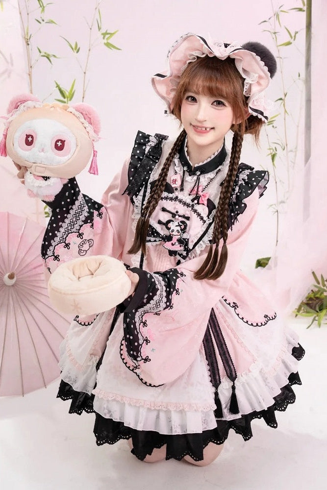 [Pre-order Deadline: October 25] Pink/White/Green Chinoiserie Lolita Sweet Panda Polka Dot Lace Apron Ruffle OP Dress