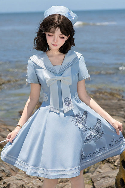 【10月1日予約締切】Blue/White Sailor Collar Bird Embroidery Lolita Bow Dress