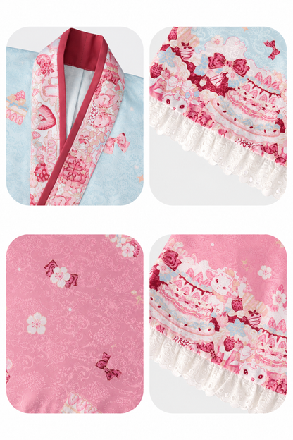 【10月21日予約締切】Pink/Blue Hanfu-inspired Little Lamb Tea Party Lace Wide Sleeve Blouse + Printed Ruffle Skirt + Pleated Mamian Skirt + Strawberry Embroidered Ribbon Lace Apron