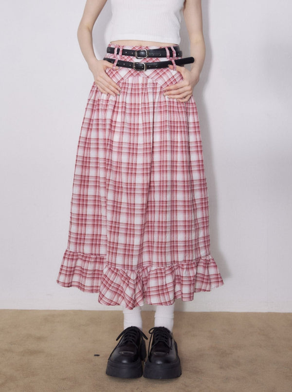 American Retro High Waist Flared Check Skirt