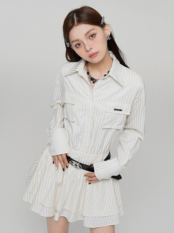 Romantic White Waist Slim Striped Shirt Dress