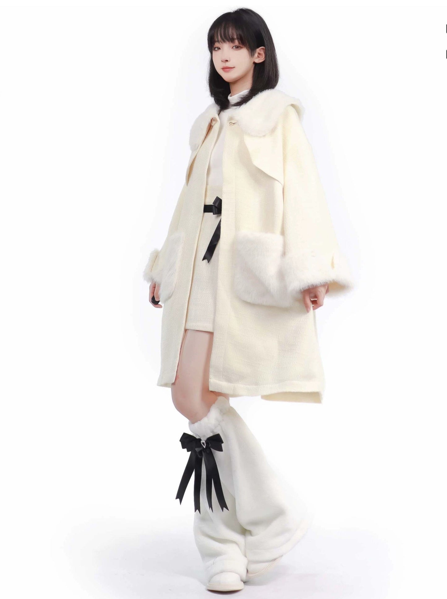 Pure White Snow Fur Jacket Top Skirt Leg Warmer Set