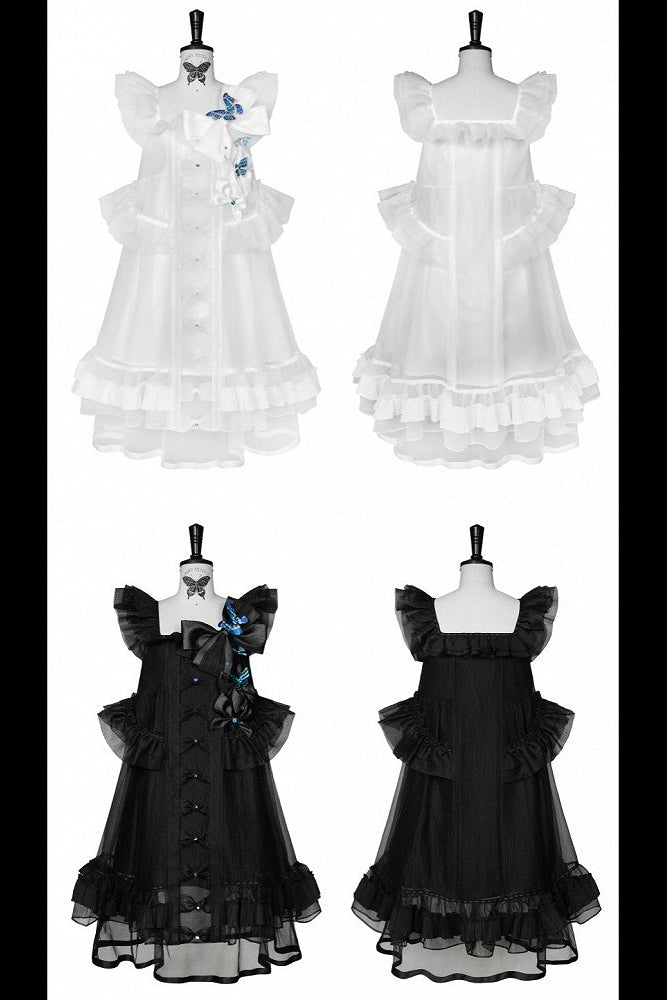 [Vorbestellfrist: 1014] Schwarz/weißes Gothic-Lolita-Set aus Puppenkleid mit Schmetterlingsschleife, Bandkragen und Flatterärmeln + Puppenkleid mit eckigem Ausschnitt und Flatterärmeln