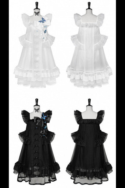 [Vorbestellfrist: 1014] Schwarz/weißes Gothic-Lolita-Set aus Puppenkleid mit Schmetterlingsschleife, Bandkragen und Flatterärmeln + Puppenkleid mit eckigem Ausschnitt und Flatterärmeln