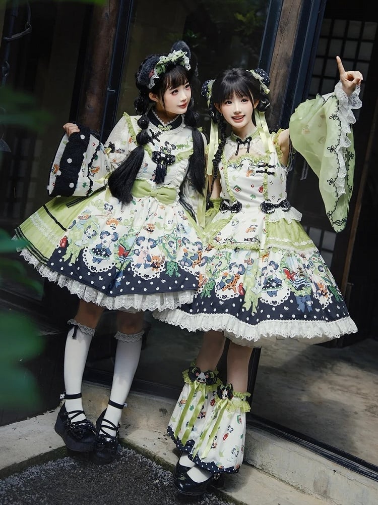 [Pre-order Deadline: October 25] Pink/Green Chinoiserie Lolita Sweet Panda Print Bow Bell Sleeve OP Dress