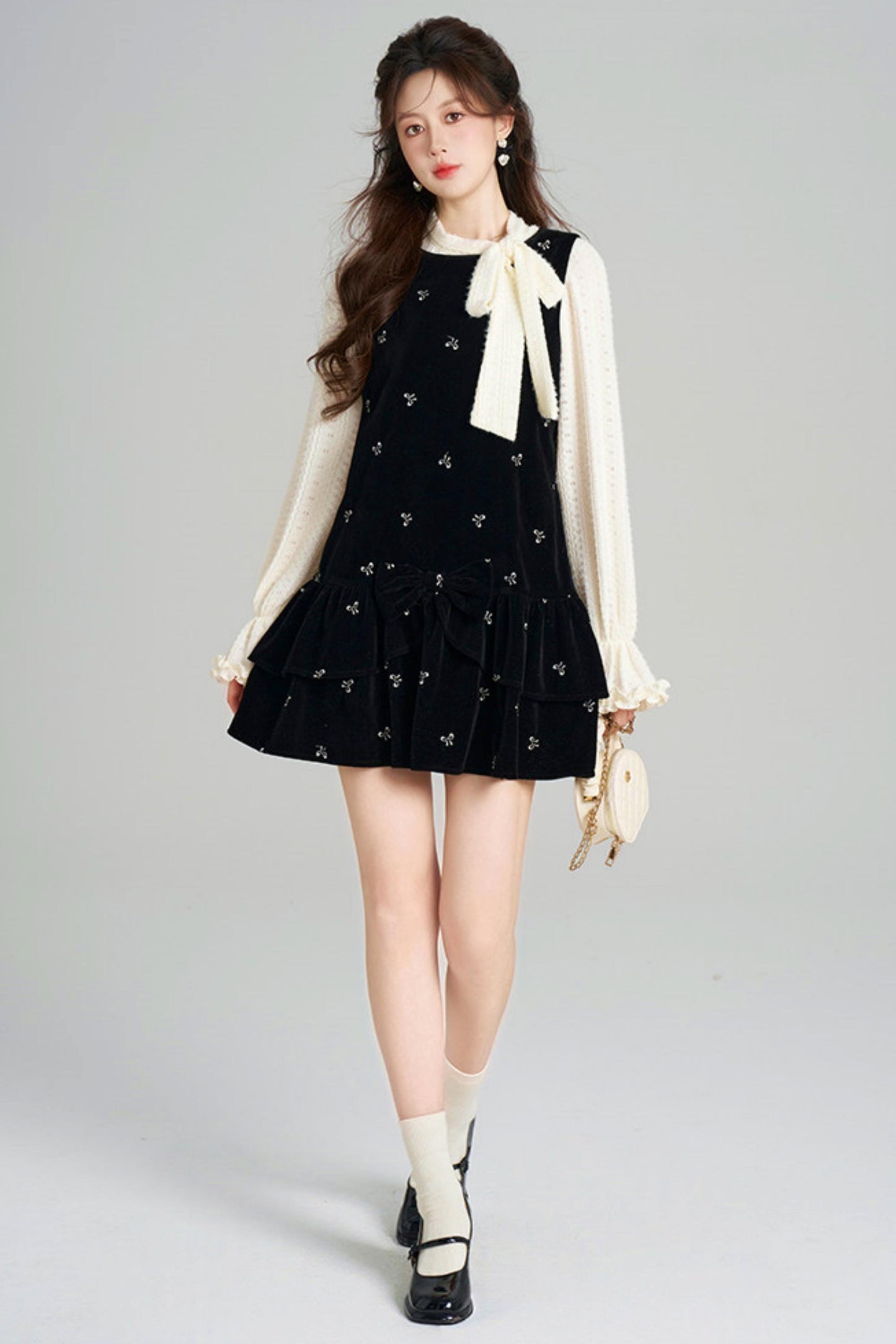 French Sweet Käbel Velvet Dress + Ribbon Neck Blouse