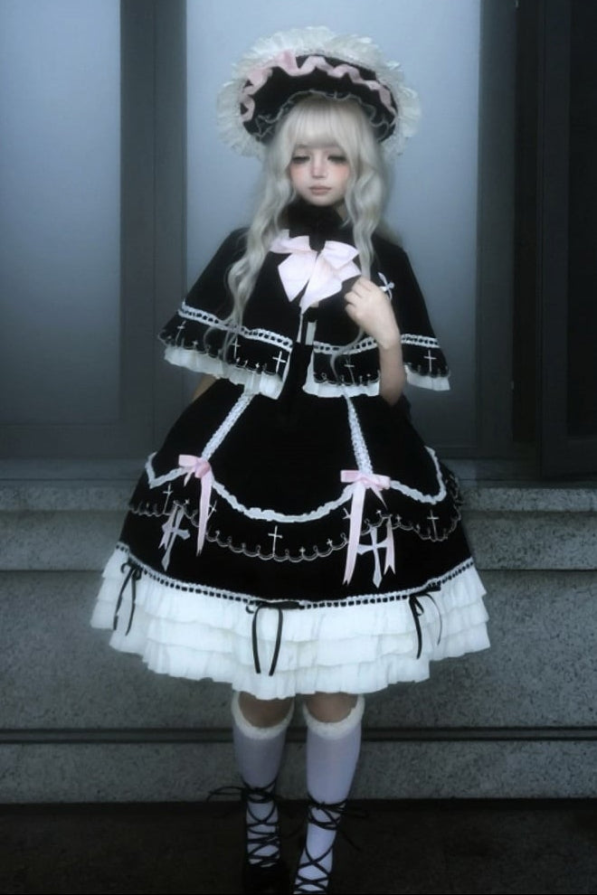 【10月4日予約締切】Black Pink Gothic-Inspired Sweet Lolita Ribbon Ruffle Dress＋Cross Embroidery Ribbon Cape