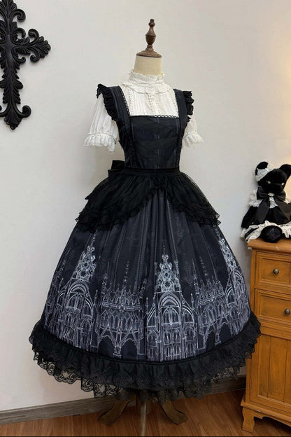 【10月13日予約締切】Gothic Lolita Black White Cathedral Print Lace Trim JSK Dress + Full Dress Set (Detachable Sleeved Shirt, Mini Hat, Apron, Brooch)