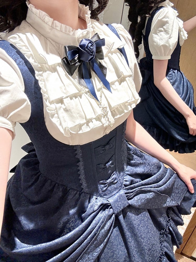 【4月18日予約締切】ダークゴシックロリータスタンドカラーパフスリーブラッフルシャツ（ロングスリーブ付き）