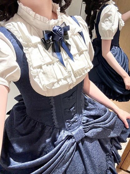 【4月18日予約締切】ダークゴシックロリータスタンドカラーパフスリーブラッフルシャツ（ロングスリーブ付き）