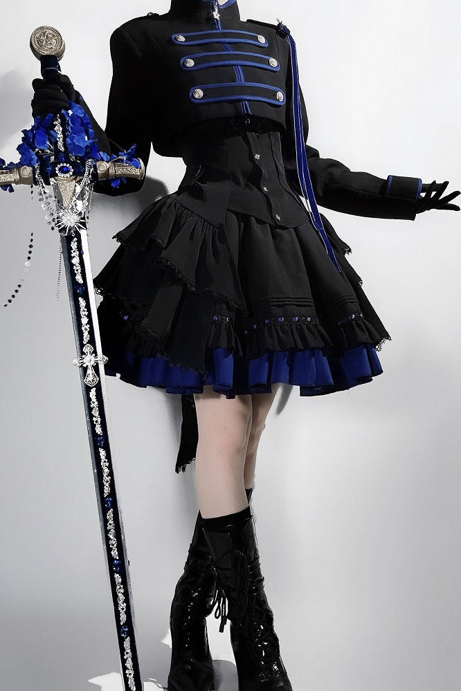 【9月13日予約締切】Black Blue Military Ruffle Lolita Jacket (with epaulet bow) + Shirt + Short Skirt Set / Shorts Set + Complete set 1/2 (Officer cap + Leg covers + Sash)