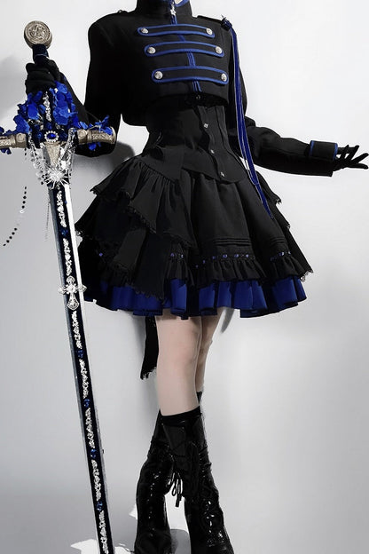 【9月13日予約締切】Black Blue Military Ruffle Lolita Jacket (with epaulet bow) + Shirt + Short Skirt Set / Shorts Set + Complete set 1/2 (Officer cap + Leg covers + Sash)