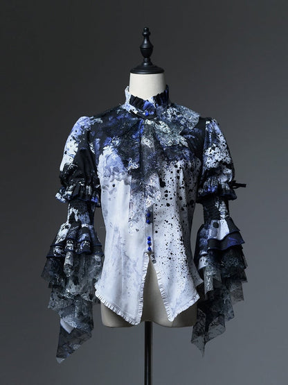 【12月10日予約締切】Bloodstainedプリントフリルスタンドカラー姫袖シャツ