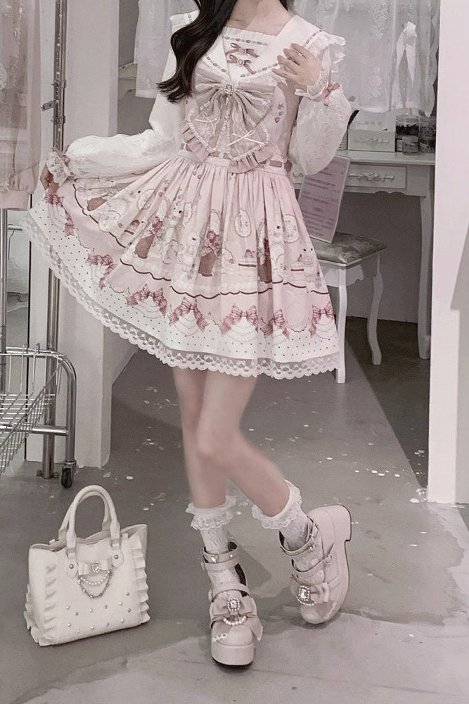 【8月30日予約締切】Pink and white rabbit print lace sailor collar Op dress +pleated dress skirt set＋ 3 Styles of Bow Tie Available