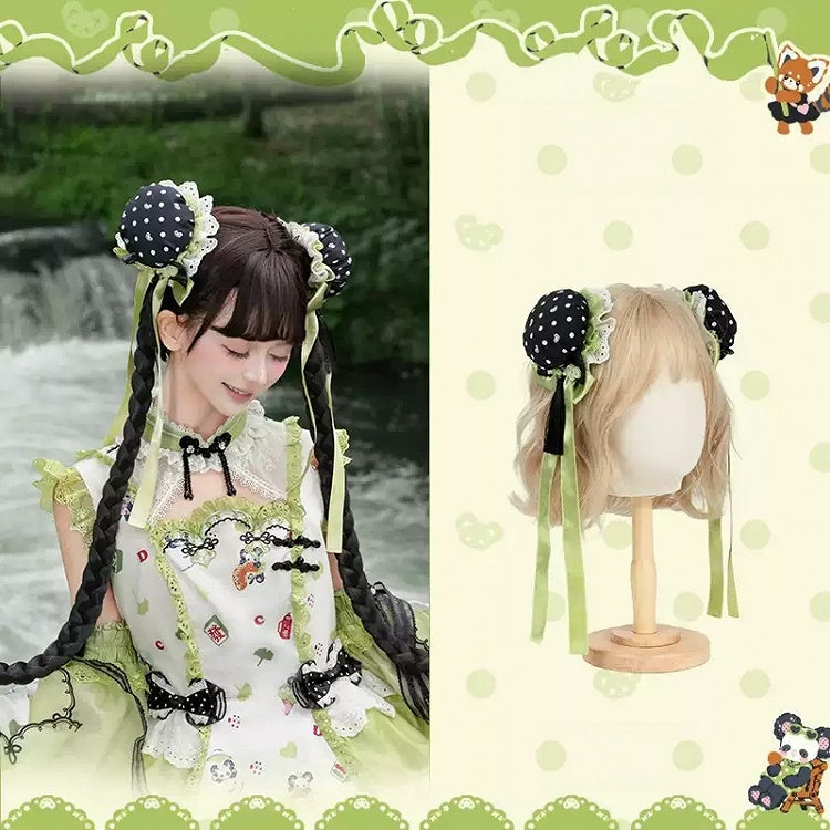 [Reservierungsschluss am 1025] Pink/Grüne Chinoiserie-Lolita-Sweet-Panda-Serie Accessoires (Teetassen-inspirierter Minihut, Pandaohren-Haube, Pandaohren-KC, Pandaohren-Barett, Haarclip, Halskette, Handtasche, Quastenbrosche, Socken)